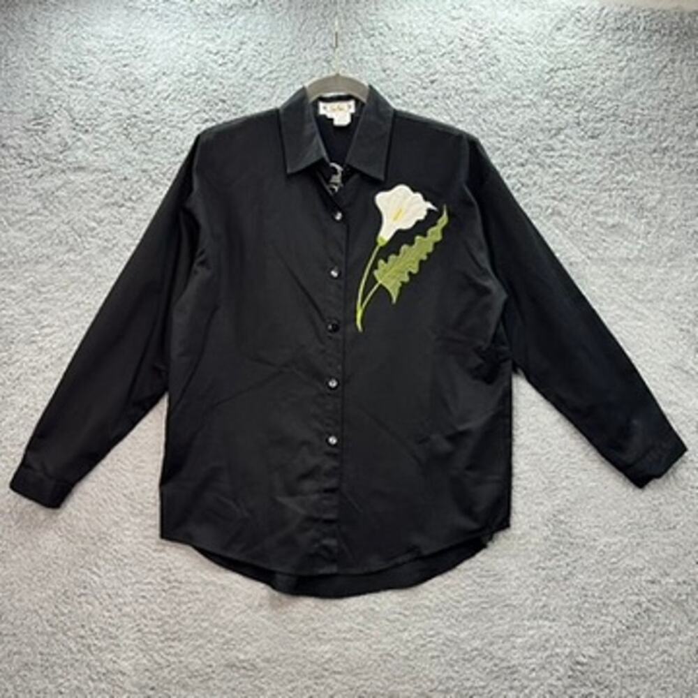 CC Sportswear VTG Women's Medium‎ Black Button Up Shirt Calla Lily Design EUC